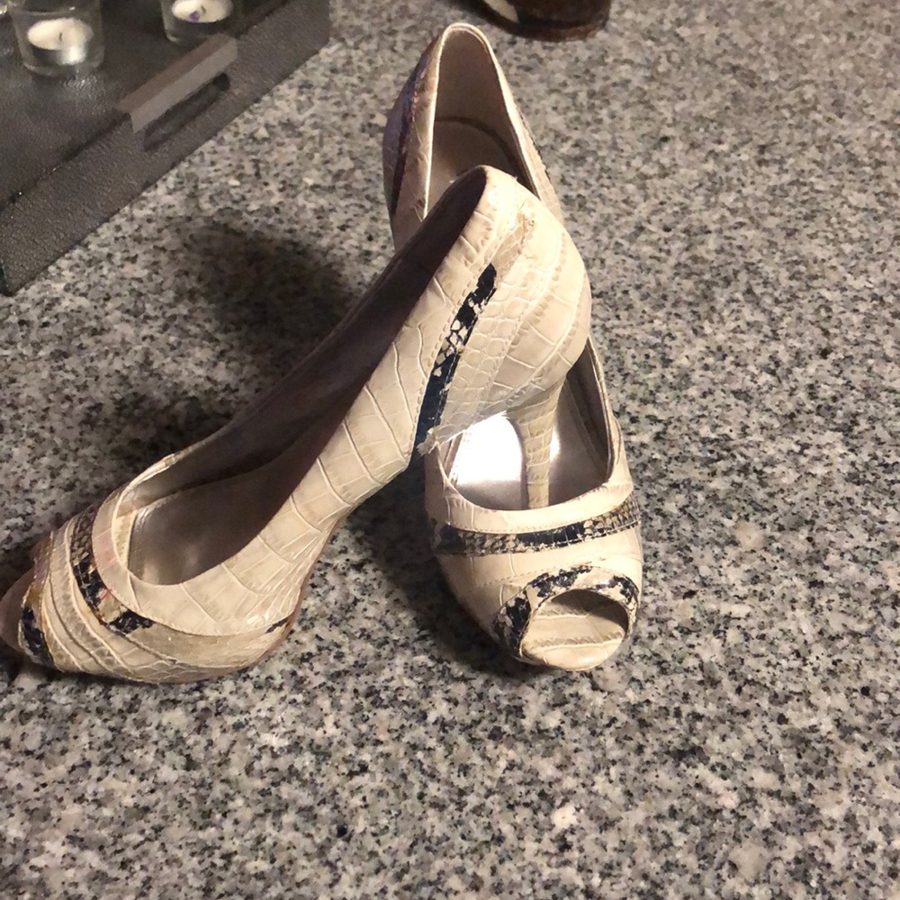 White and Blake snakeskin open toe heels